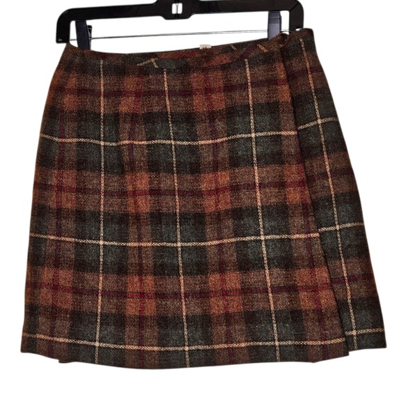 Eddie Bauer Wool Plaid Mini Wrap Skirt Brown Green Academia Preppy Fall Petite 4 - Picture 1 of 12